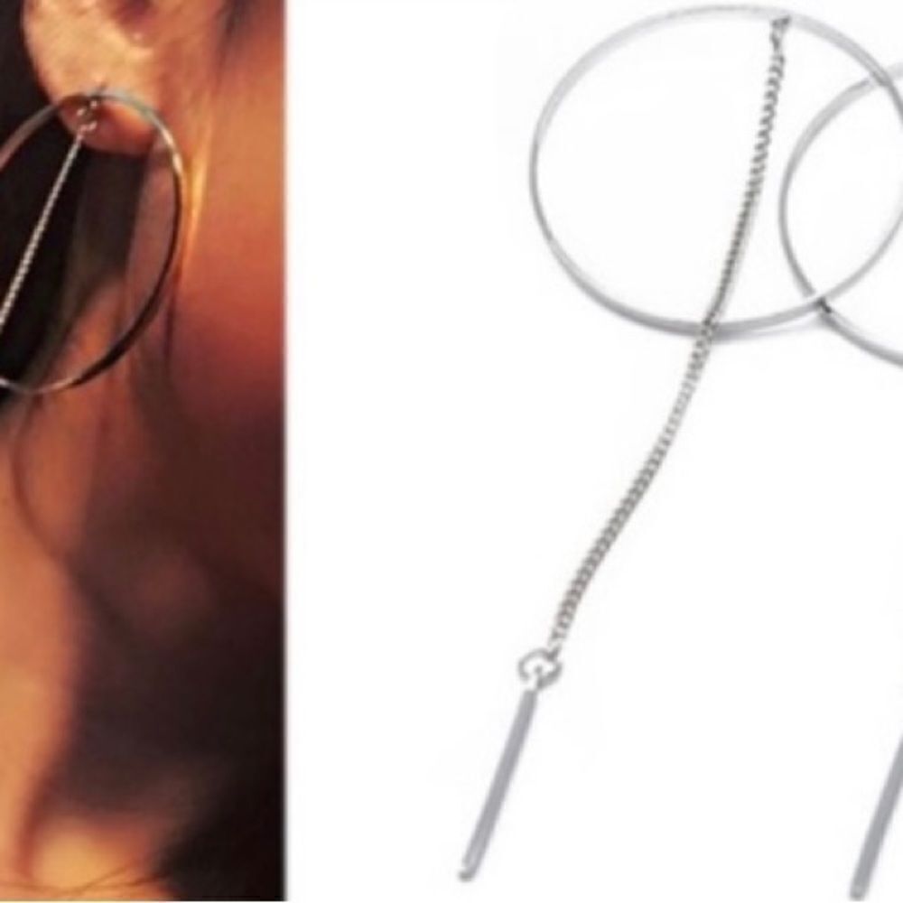 Big hoop, long tassel drop dangle earrings, silver, chain, womens hoop earrings